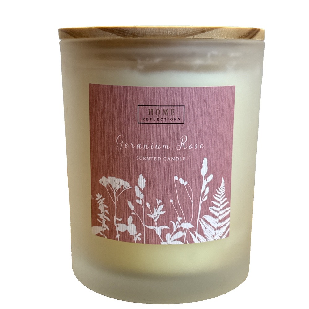 Home Reflections‎ 16oz Geranium Rose Scented Candle Wood Old Frosted Glass